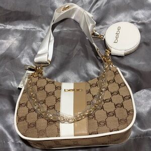Bebe Tan and White Logo Shoulder Bag